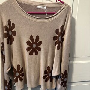 Retro Floral Cream and Brown Crew Neck Sweater super soft NWT